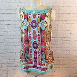Nicole Miller Sleeveless Top Colorful Scarf Blouse Beaded Neck Size 16